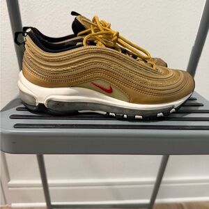 Big Kids Size 6Y Nike Air Max 97 Metallic Gold Sneakers with Red Swoosh